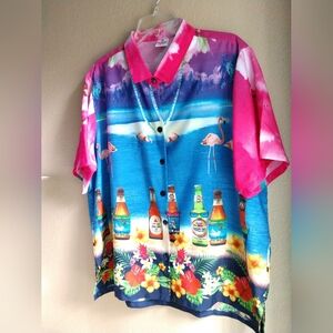 Women's La Leela Novelty Print Hawaiian Shirt Flamingos Beer Water XL Chest 44"